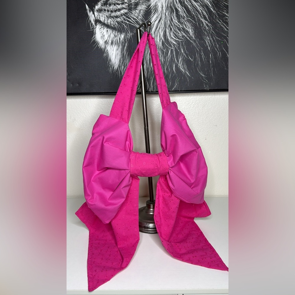 Bright Pink Bow-Accent Shoulder Bag Handmade Eyelet Lace Cotton Spring Unique